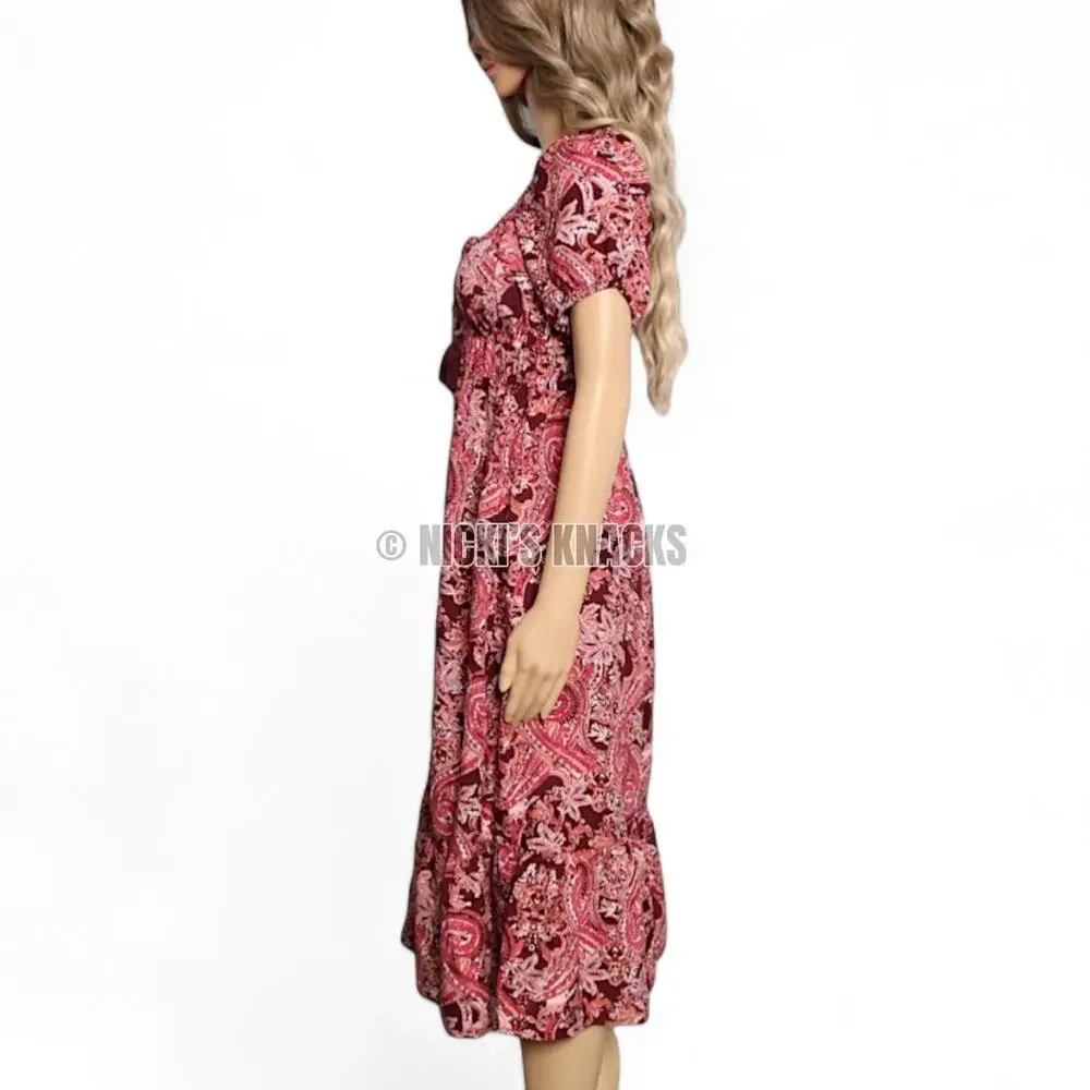 BOG Collective Midi Dress Cottagecore Burgundy Puff Sleeve Boho Prairie Size S - Picture 5 of 10